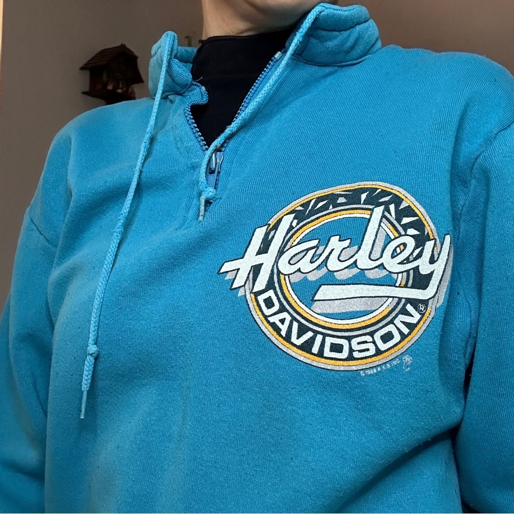 Vintage 70s half-zip stand collar motorcycle sweatshirt size S/M turquoise teal
